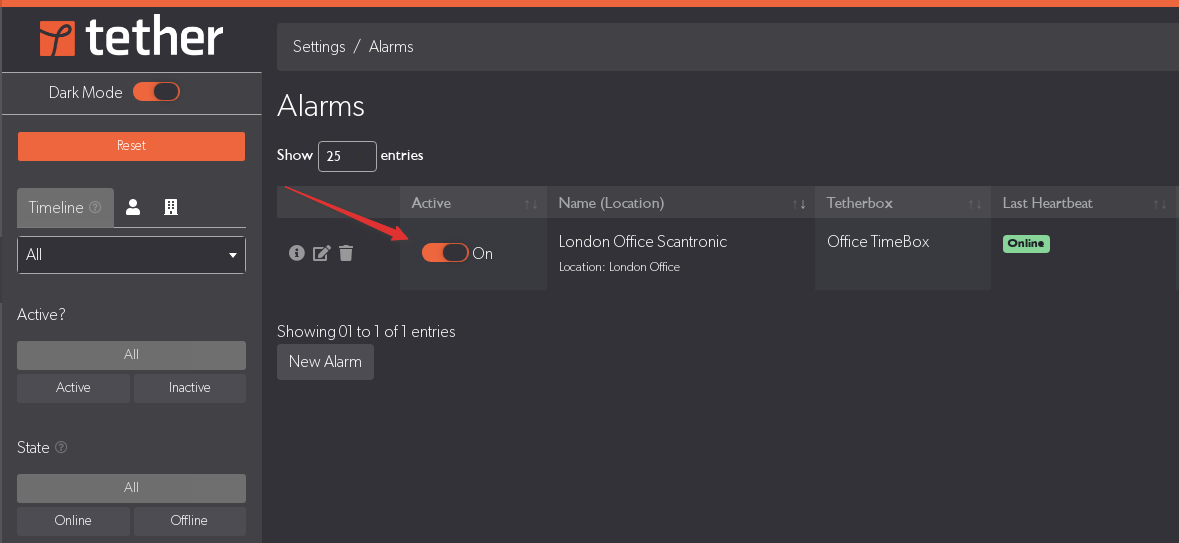 Alarms list with active toggle