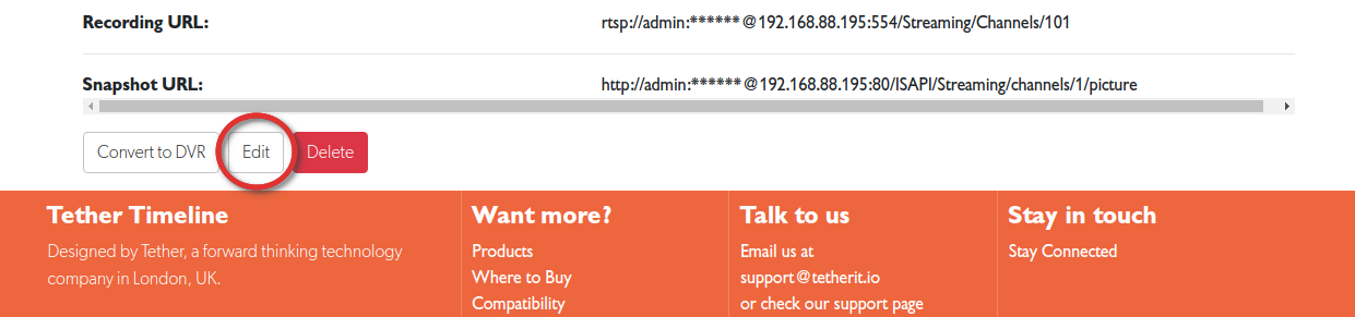 Camera details page with Edit button