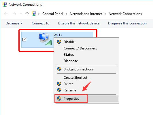 Network connection right-click menu with Properties highlighted