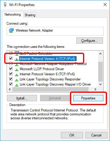 Wi-Fi Properties dialog with IPv4 and Properties button highlighted
