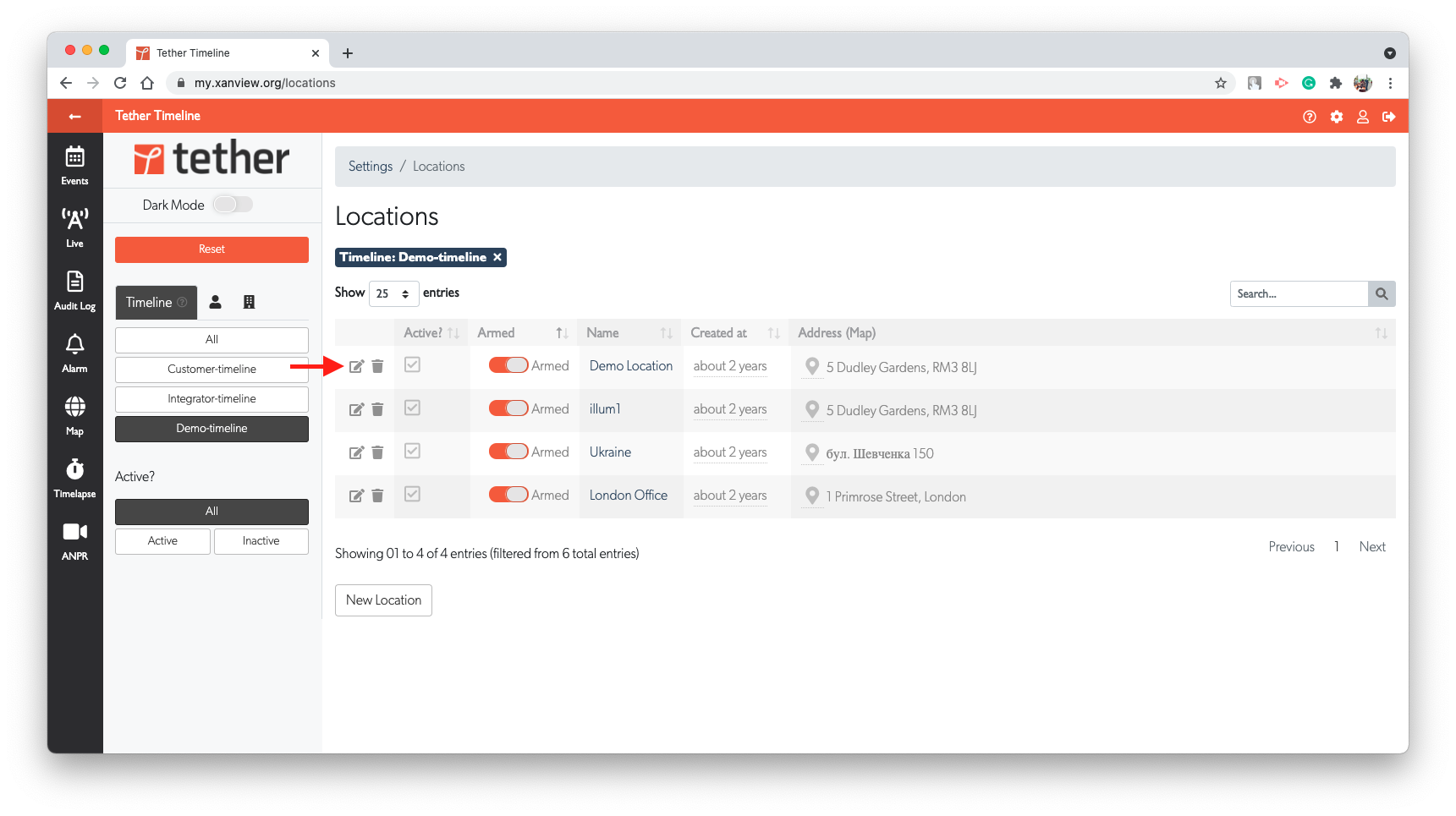 Sites list with edit button