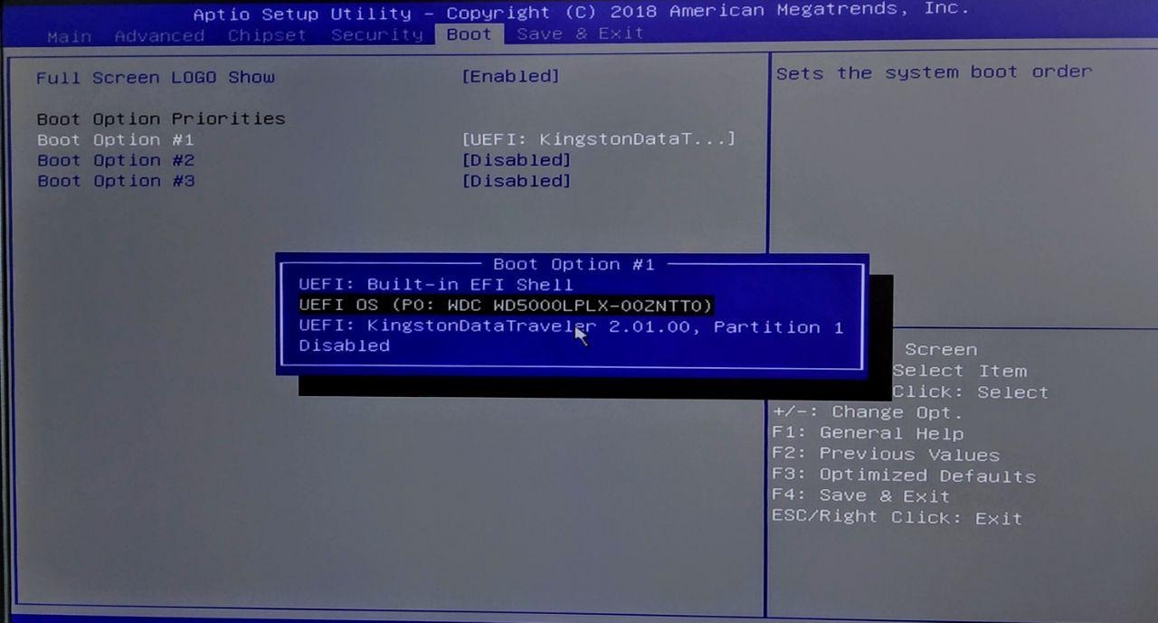 Boot Option dropdown showing available drives