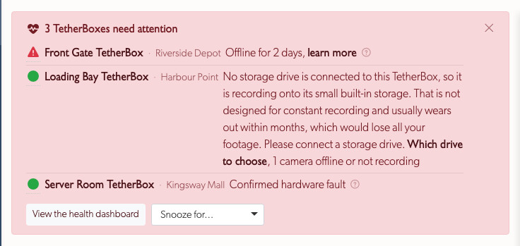 Health alert banner across the top of the events page, listing the TetherBoxes that need attention